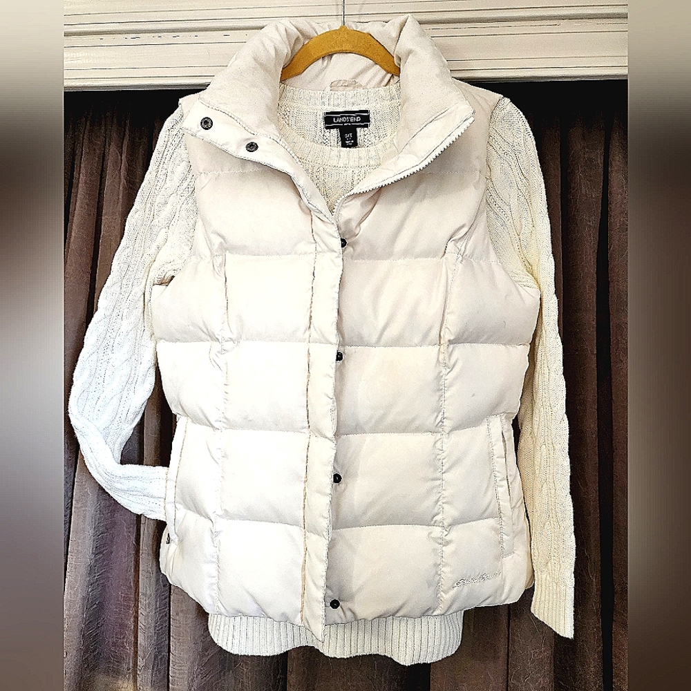 Winter white Eddie Bauer Down Vest with cream Lands End crew neck cable sweater